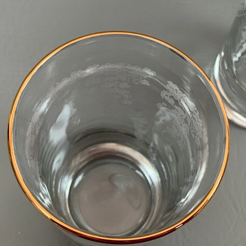 Highball Clear Glasses White‎ Flowers Floral Gold Trim Lot of 2